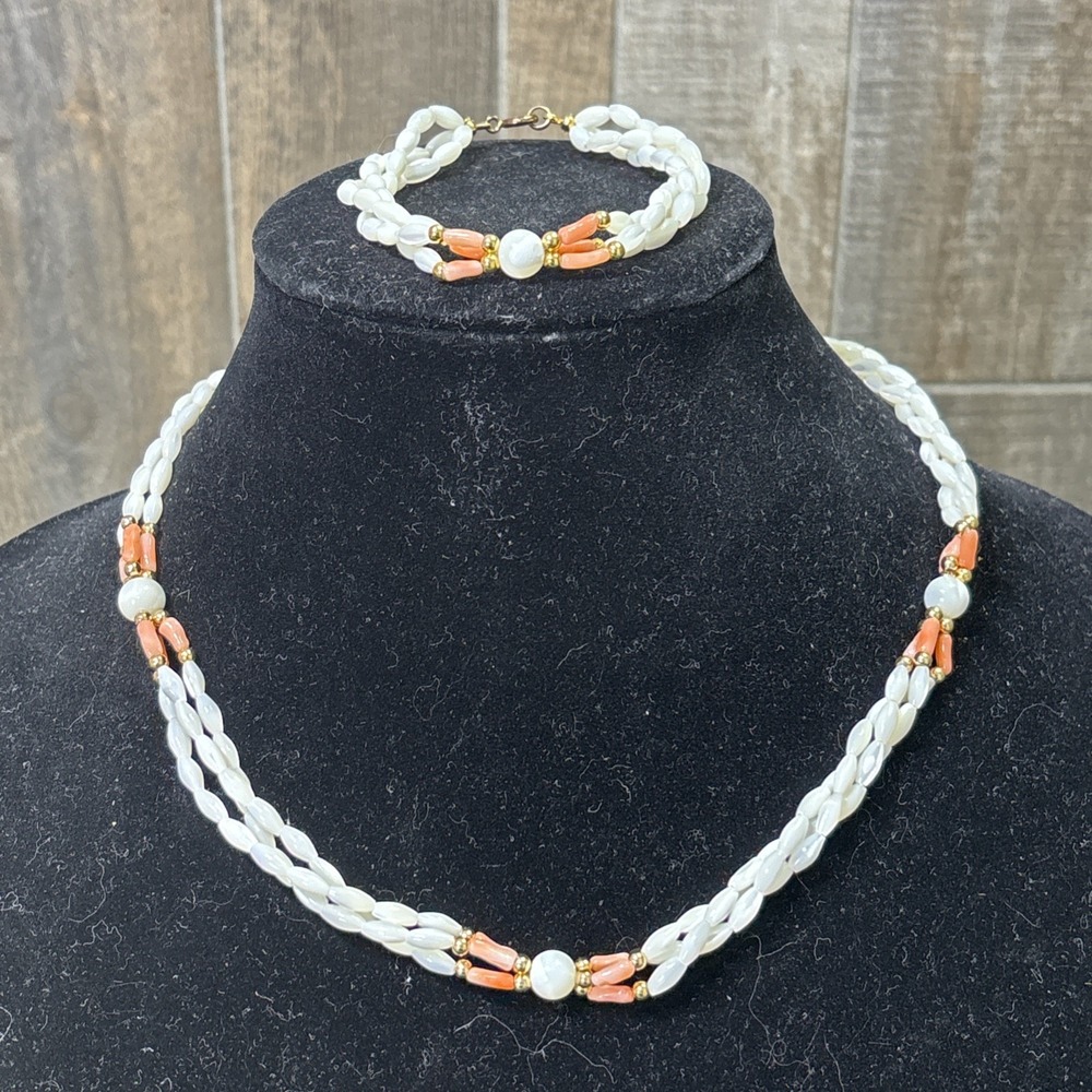 Vintage Faux Rice Pearl & Coral Triple Strand Necklace Bracelet Set